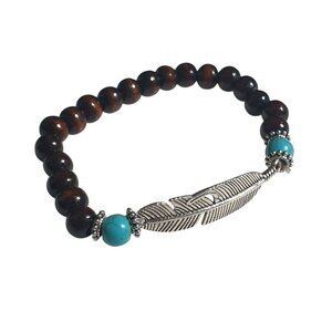 Brown Wood Beads Turquoise Accent Feather Pendant Stretch Bracelet Handmade Jewe